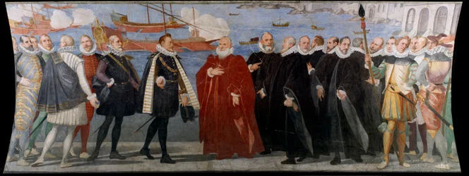 Dogen Giacomo Durazzo Grimaldi tar emot Juan av Österrike i hamnen i Genes (Fresco