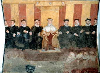 The Doge of Genes Giacomo Durazzo Grimaldi (cirka 1503-1579) omger med Senators Fresco av Bernardo Castello (1557-1629) 1500-talsgener, Museo di Sant 