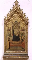 Madonna och Child Enronade med SS. Peter och Paul och änglar (tempera på panelen)