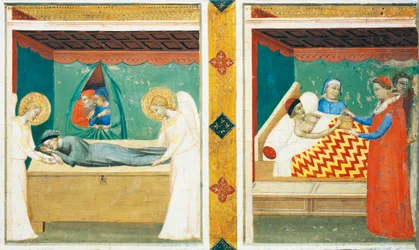 Predella of the Sacra Cintola (Heligt bälte), av Bernardo Daddi (1290-1348), Detalj med två brickor