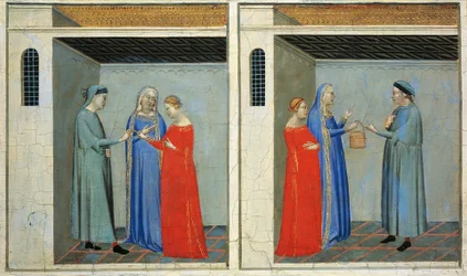 Predella med berättelser om Sacra Cintola: äktenskap mellan Michael som får hemgift av Sacra Cintola, av Bernardo Daddi (1290-1348)