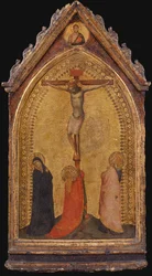 Korsfästelsen med Maria Magdalena, Madonna och Johannes Evangelisten (tempera på pannå)