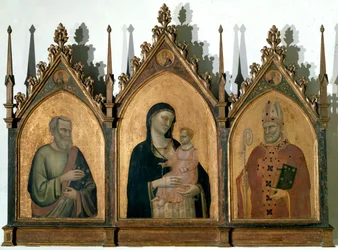 Triptyk av alla helgon eller Madonna med barn mellan St Matteus evangelisten och St Nicholas of Bari - Tempera på panel