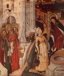 Jesus och samaritansk kvinna, detalj från Transfiguration Altarpiece, cirka 1445 (målning på trä)