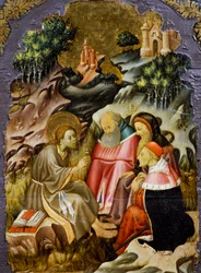 Johannes Döparens predikan, detalj från predellan till en altartavla från Vic-katedralen, av Bernat Martorell (ca 1400-1452), målad på trä. Katalansk gotisk konst.