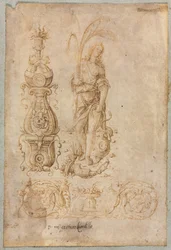 Design för en kandelaber, allegorisk figur av överflöd, dekorativ reliefdesign, ca. 1490-talet.