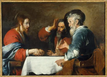 Kristus har Emmaus Kristus visar sig för pilgrimerna som sitter vid ett bord på ett värdshus i Emmaus. Målning av Bernardo Strozzi (1581-1644) 1640 sön. 1,24x1,72 m Grenoble, Musee des Beaux Arts