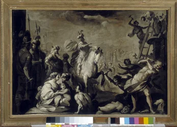 Konstantin (Konstantin I, Caius Flavius ​​​​Valerius Aurelius Constantinus, romersk kejsare död 337) distruderande idoler. (maruffelpapper på duk)