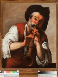 Il pifferaio (Flöjtspelaren) (Piperaren) Målning av Bernardo Strozzi (1581-1644) 1600-talsgener, Musei di Strada Nuova (ex Palazzo Rosso)