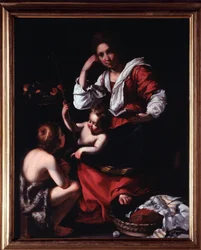 Representation av den heliga familjen med Johannes döparens barn (Den heliga familjen med döparen Johannes) Målning av Bernardo Strozzi (1581-1644) Genes, Musei di Strada Nuova (ex Palazzo Rosso) Italien