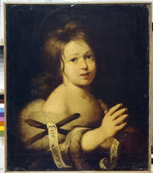 Sankt Johannes Döparen, barn. (Johannes Döparen, som ett barn). Han håller ett kors med en phylactery ""Ecce agnus dei"" (Se Guds lamm). Målning av Bernardo Strozzi (1581-1644), olja på duk