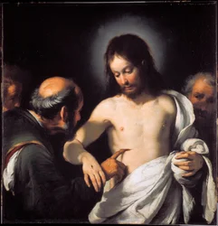 The Incredulite of St. Thomas Målning av Bernardo Strozzi (1581-1644) Mått 101 x 97,5 cm Genes, Musei di Strada Nuova (tidigare Palazzo Bianco)