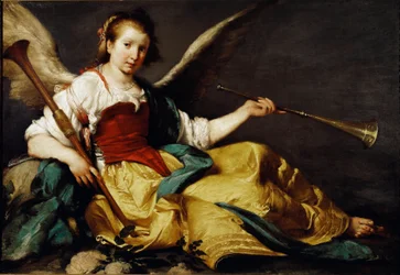 Allegorin om Rename Hon håller en trumpet (vänster hand) och en trä chalemie (höger hand). Målning av Bernardo Strozzi (ca 1581-1644). 1535-1536 Dim. 106,7 x 151,7 cm National Gallery, London