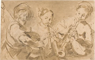 Tre musiker spelar horn och pipa