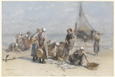 Fiskfruar på stranden i Scheveningen Fiskare på stranden i Scheveningen