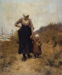 Mor och barn på en stig vid havet