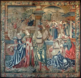 Oidipus cykel: Oidipus a Thebe - Oidipus konsulterar oraklet i Delfi och lär sig sitt öde - Till vänster, på väg till Beotie, möter han Laios och dödar honom - Till höger är invånarna i Thebe rädda och förhindrade att komma in c