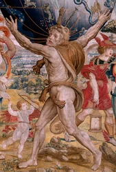 flamländsk gobeläng. Serien The Spheres. Hercules som stödjer himlaklotet (Hércules sostiene la esfera celeste). Första gobeläng i serien. Modell Barend van Orley eller Pieter Coecke van Aelst. 1525-1530. Tillverkning Joris Vezeleer (Georg Wezeler)?,