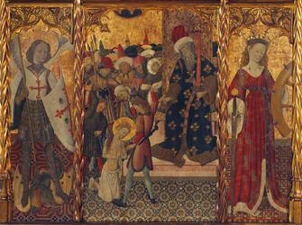 Sankt Mikael och Sankta Katarina, inramning av martyrskapet av Sankta Eulalia av Barcelona (289-304) - Målning av Bernat Martorell (1390–1452), tempera på trä (143,5x188 cm), cirka 1442–1445 - Sankt Mikael, Sankt Martyrskap Eulalia och Saint Catherine, Tem