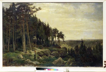 "En skogshuggare och en jägare i ett skogslandskap" Målning av Berndt Lindholm (1841-1914) Mikhail Kroshitsky konstmuseum, Sevastopol (Sevastopol) Ukraina