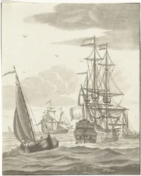 Ett krigsfartyg och tre segelfartyg på öppet hav