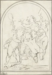 Fem putti vid en vas med vinrankor