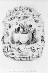 Jakt och fiske: ett par på restaurangen framför en maträtt med fisk och kött, runtomkring finns olika sätt att jaga och fiska. Fysiologi om gikt av Brillat - Savarin illustrerad av Bertall. Paris 1840. Jean Anthelme Brilla