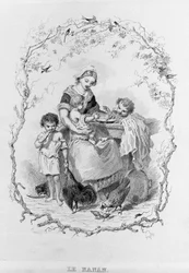 Nanan: en ung mamma ger mat till sina tre barn i "La Physiologie du Gout"" av Brillat - Savarin illustrerad av Bertal. Paris 1840. Jean Anthelme Brillat Savarin (Brillat-Savarin) (1755-1826) fransk gastronom.