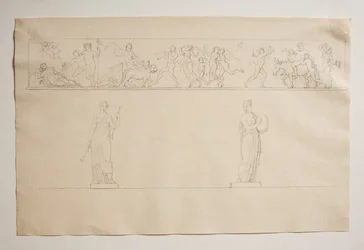Bakchantalprocession med Bacchus och Ariadne. Två statyer av muser