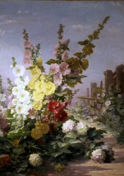 Sommarblommor med stockrosor och hortensia. Peinture de Berthe Costadau (19:e århundradet) Collection privee
