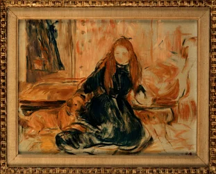 Ung flicka som leker med en hund, 1892