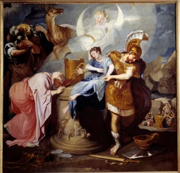 Ifigenias offer. Kung Agamemnon offrar sin dotter för att blidka Artemis vrede. Målning av Bertholet Flemalle (1614-1675), 1600-talet, 1,6 x 1,63 m