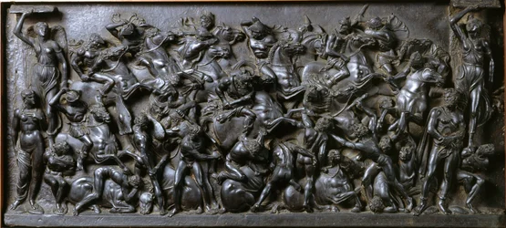 Slaget mellan romare och barbarer - Romarnas och barbarernas slag (Ryttarnas slag). Bronsrelief av Bertoldo di Giovanni (1420-1491)