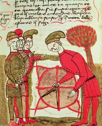 Ms 327 fol.216v Lantmätare som arbetar med en plan och kompasser, från Traite dArpentage av Arnaud de Villeneuve (1240-1312)