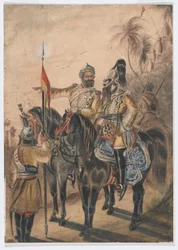 Två beridna officerare och en avmonterad sowar, 4th Bengal Irregular Cavalry, ca 1850 (akvarell)