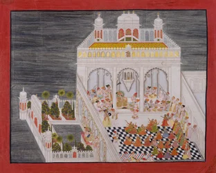 Maharana Ari Singh med sina hovmän underhölls på Jagniwas Water Palace, daterat 1767.