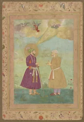 Shah Jahan med Asaf Khan från det sena Shah Jahan-albumet, fristående manuskriptfolio, c.1640 (ogenomskinlig akvarell, bläck och guld på papper monterad på kartong)
