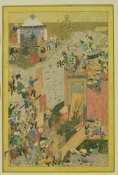 Assault on a Castle, persisk, timuridperiod (1370-1506) c.1475-1500 (wc och bladguld på papper)