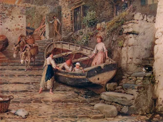 Utsikt på Clovelly, med strandad båt och figurer, 1882, 1935