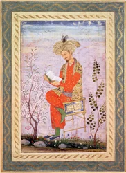 Babur (r.1526-30) Reading, Mughal (akvarell på papper)