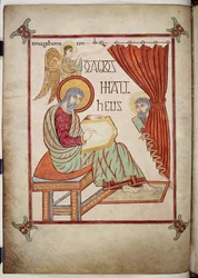 Cotton Nero D. IV, f.25v St. Matthew, skrift, med sin symbol, från Lindisfarne-evangelierna, 710-721 (vellum)