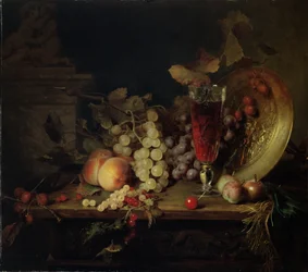 Stilleben med frukt, glas vin, 1863