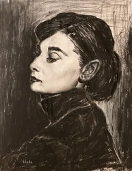 Audrey Hepburn, ca 2021 (träkol på papper)