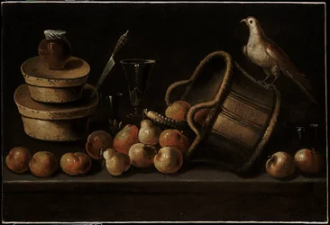 Stilleben med frukt och en fågel