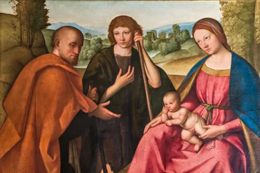 Tillbedjan av herdarna Madonna med spädbarnet Jesus och två herdar, detalj av 2384594