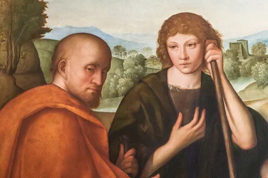 Tillbedjan av herdarna Madonna med spädbarnet Jesus och två herdar, detalj av 2384594