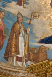 Apsid, Catino Apsid, Boccaccio Boccaccino, Pantokrator bland heliga Marcellino, Imerio, Omobono, Peter Exorcist, Detalj av St. Imerio