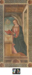 Contofacade södra tvärskeppet, Boccaccio Boccaccino, bebådelsedetalj av Madonna-tidigt 1600-tal, Fresk Ripped