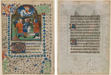 Blad från en timbok: Bebådelse till herdarna (recto) och text (verso)