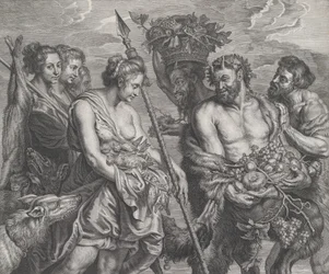 Diana återvände från jakten, åtföljd av hundar och hennes nymfer till vänster, två satt..., ca. 1640-59.